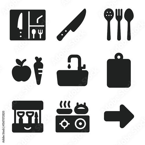 Chef Kitchen Icon Grid. Solid, filled icons set of chef-approved kitchen layouts: prep zone, sharp knife,