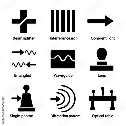 Quantum Optics Icons. Solid, filled icons set of quantum optics: beam splitter, interference fringe, coherent
