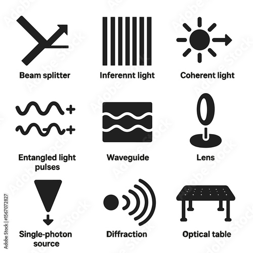 Quantum Optics Icons. Solid, filled icons set of quantum optics: beam splitter, interference fringe, coherent