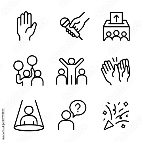 Audience Participation Icons. Outline icon set of audience participation moments: raised hand, microphone pass, suggestion box,