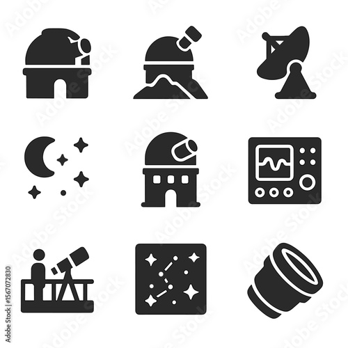 Global Observatory Icons. Solid, filled icons set of astronomical observatories around the world: telescope