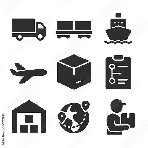Global Transport Icons. Solid, filled icons set of global transportation and logistics: cargo truck, freight