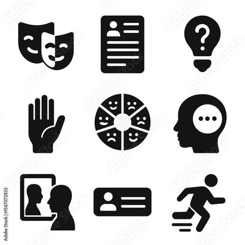 Character Emotion Icons. Solid, filled icons set of emotion and character building: emotion mask, character