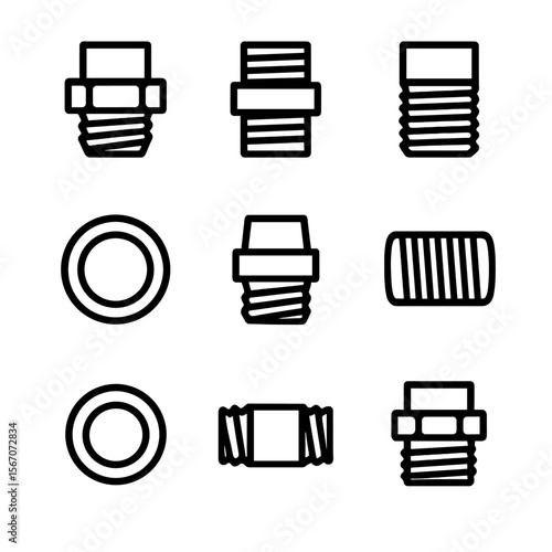 Pipe Thread Icon Set. Solid, filled icon set of pipe thread types: NPT thread, BSP thread, metric thread, straight thread, tapered
