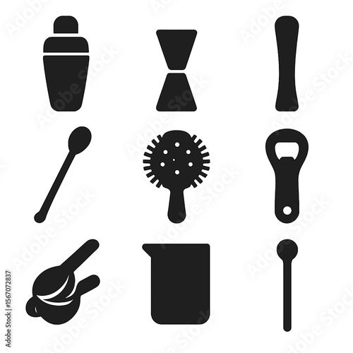Cocktail Bar Tools. Solid, filled icon set of bar tools for cocktails: cocktail shaker, jigger, muddler, bar spoon, strainer,