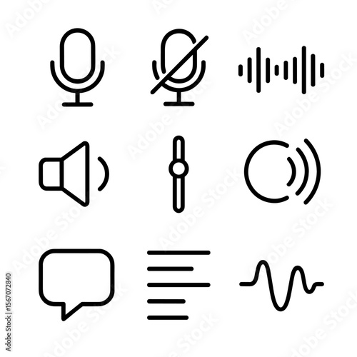 Audio Interface Icons. Outline icon set of voice input and output elements: microphone icon, mute button, waveform display,