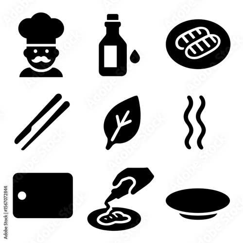 Chef Icon Set. Solid, filled icons set of a chef adding a drizzle of balsamic glaze over a dish of grilled