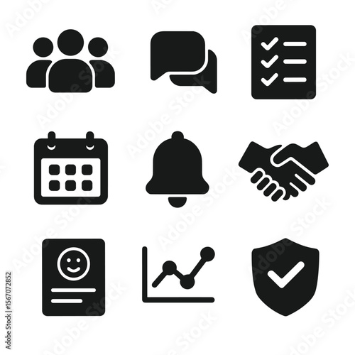 Community Workflow Icons. Solid, filled icon set of community management workflow: user group, chat bubbles, task list, calendar,