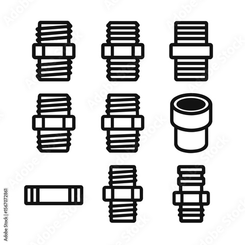 Pipe Thread Icon Set. Solid, filled icon set of pipe thread types: NPT thread, BSP thread, metric thread, straight thread, tapered