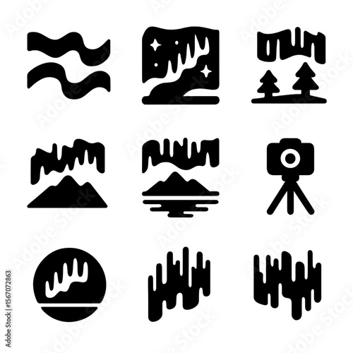 Aurora Icons Collection. Solid, Filled icon set of Northern Lights phenomena: aurora waves, starry sky, horizon glow, silhouette