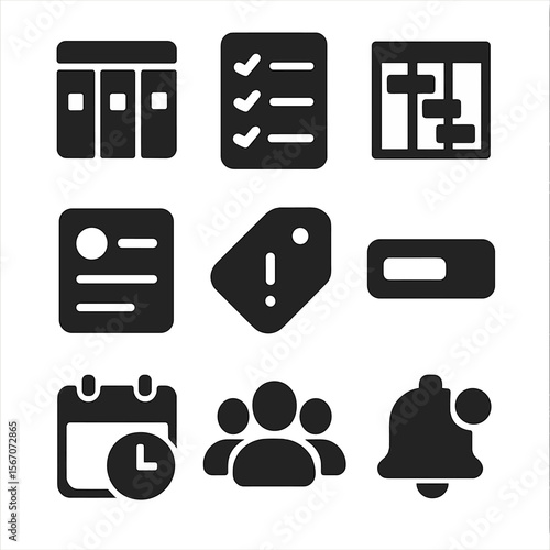 Project Management Icons. Solid, filled icons set of project management platforms: kanban board, checklist,