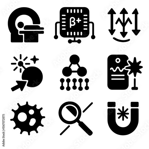 Quantum Medical Icons Grid. Solid, filled icons set of medical tech using quantum theory: MRI scanner, PET