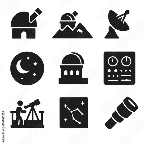 Global Observatory Icons. Solid, filled icons set of astronomical observatories around the world: telescope