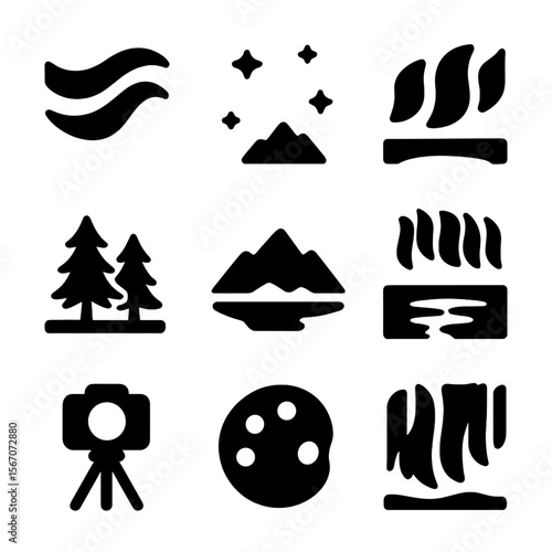 Aurora Icons Collection. Solid, Filled icon set of Northern Lights phenomena: aurora waves, starry sky, horizon glow, silhouette