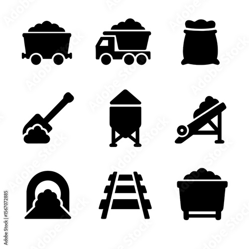 Coal Transport Icons. Solid, filled icon set of coal transportation and storage: coal train, coal truck, coal sack, loading shovel