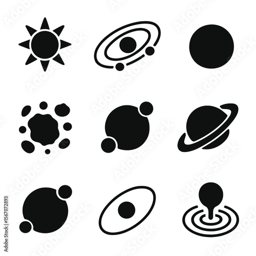 Planetary Icon Grid. Solid, filled icon set of planetary systems: sun, orbit lines, planets, asteroid belt, dwarf planet, moons,