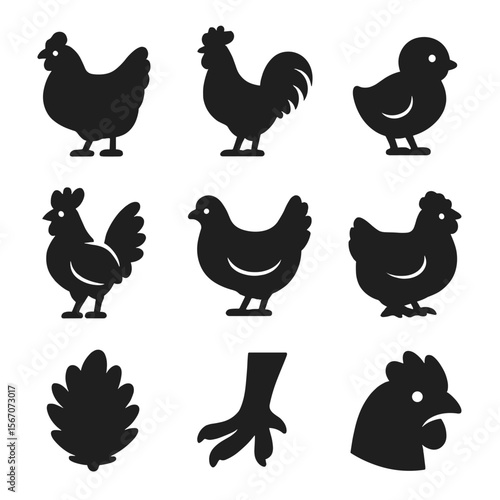 Chicken Icon Set. Solid, filled icons set of chicken breeds and types: hen icon, rooster silhouette, chick,