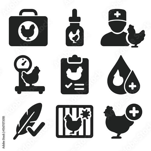 Chicken Wellness Icons. Solid, filled icons set of chicken health and wellness: first aid kit, vitamin dropper
