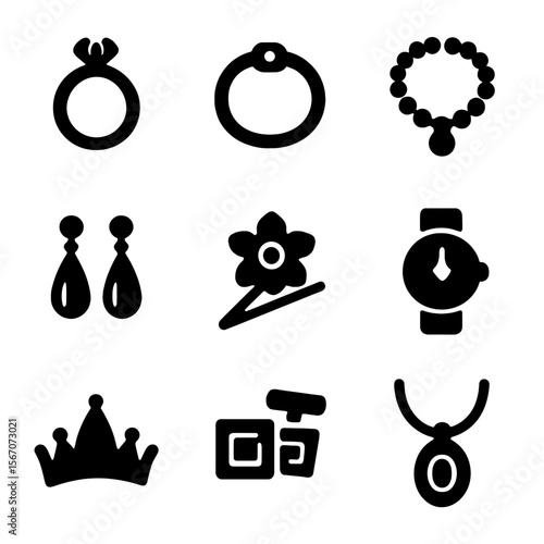Fashion Jewelry Icons. Solid, filled icon set of fashion jewelry: ring, bracelet, necklace, earrings, brooch, watch, tiara,