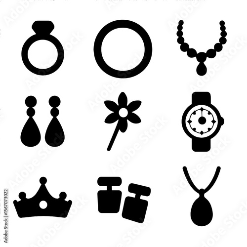 Fashion Jewelry Icons. Solid, filled icon set of fashion jewelry: ring, bracelet, necklace, earrings, brooch, watch, tiara,
