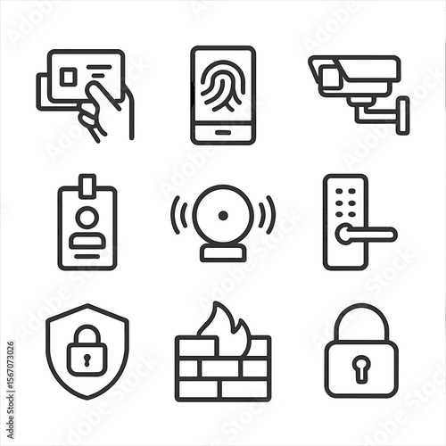 Security Icon Set. Outline icon set of security and access control features: badge access reader, biometric fingerprint scanner,