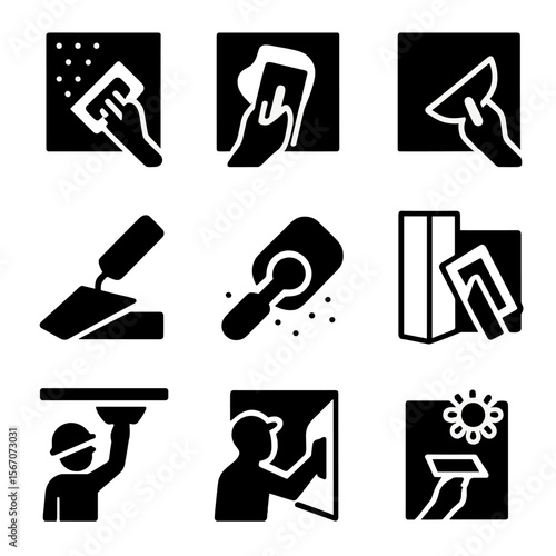 Plaster Application Icons. Solid, filled icon set of plaster application process: surface prep, applying base coat, smoothing