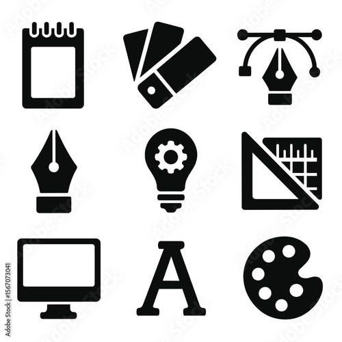 Designer Workspace Icons. Solid, filled icon set of designer workspace: sketchpad, color swatch, vector node, drawing pen,