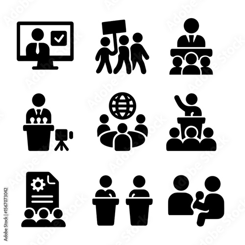 Political Icons Grid. Solid, filled icon set of Political events covered by media: election night, protest march, parliamentary