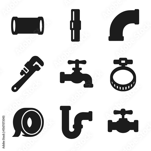 Plumbing Icon Set. Solid, filled icon set of plumbing materials: PVC pipe, copper pipe, pipe elbow, pipe wrench, faucet, hose