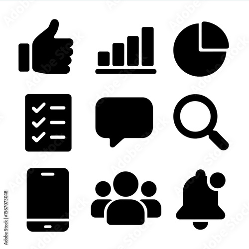Polling Icon Set. Solid, filled icon set of polling features: vote hand, bar graph, pie chart, survey form, comment bubble,