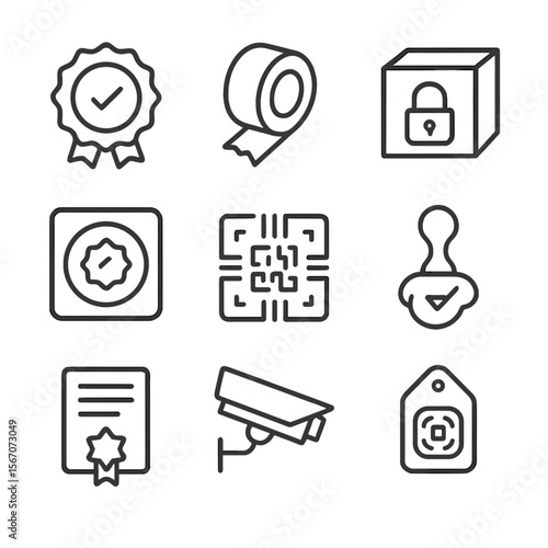 Security Packaging Icons. Outline icon set of global shipping logistics and tracking: cargo ship container, air freight airplane,