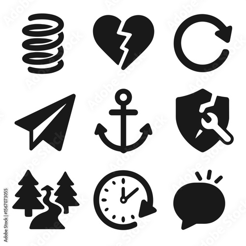 Resilience Icons Grid. Solid, filled icons set of bouncing back from hardship: spring coil, broken then mended