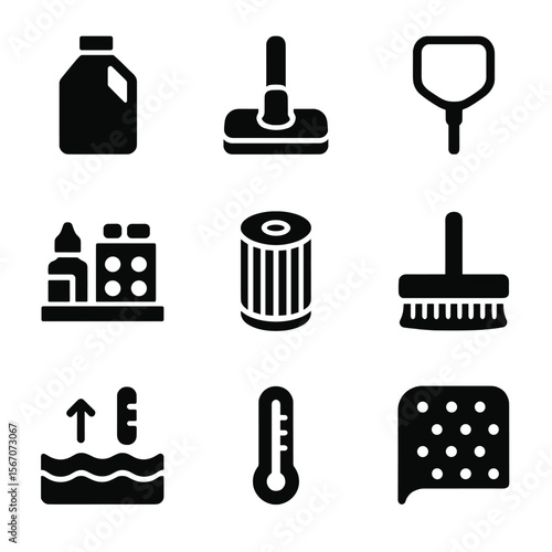 Pool Maintenance Icons. Solid, filled icon set of swimming pool maintenance: chlorine bottle, pool vacuum, skimmer net, pH test