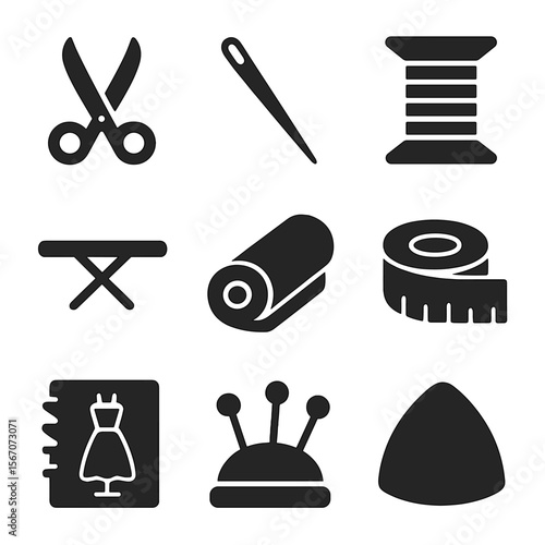 Fashion Tools Icons. Solid, filled icon set of fashion styling tools: scissors, sewing needle, thread spool, ironing board, fabric