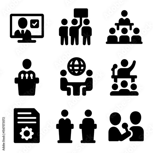 Political Icons Grid. Solid, filled icon set of Political events covered by media: election night, protest march, parliamentary