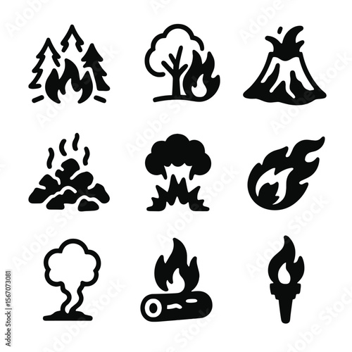 Destructive Fire Icon Set. Solid, filled icon set of destructive fire imagery: wildfire, burning tree, lava flow, smoldering ashes