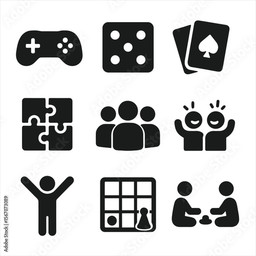 Group Activity Icons. Solid, filled icons set of group activities and games: game icon, dice icon, cards icon,