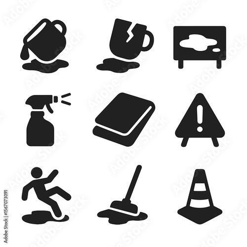 Coffee Spill Icons. Solid, filled icon set of coffee spill accidents: spilled cup, broken mug, wet table, stain removal spray,