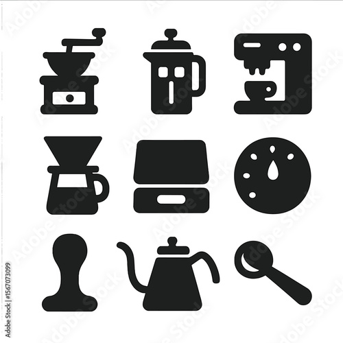 Coffee Brewing Icons. Solid, filled icon set of coffee brewing tools: coffee grinder, French press, espresso machine, pour-over
