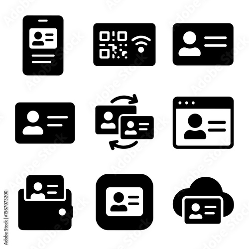 Digital Business Card Icons. Solid, filled icon set of digital business cards: mobile screen, digital QR code, NFC chip, digital