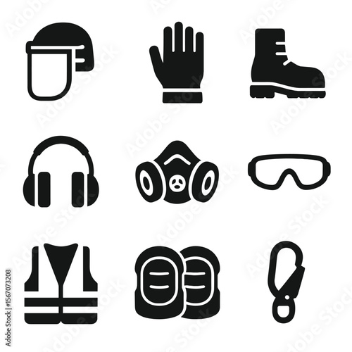 Safety Equipment Icons. Solid, filled icons set of power tool safety equipment: face shield, reinforced gloves