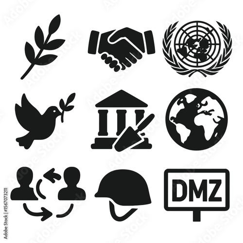 Post-War Peace Icons. Solid, filled icon set of post-war peace efforts: olive branch, handshake, UN emblem, peace dove, rebuilding