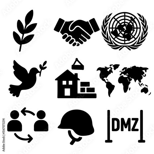 Post-War Peace Icons. Solid, filled icon set of post-war peace efforts: olive branch, handshake, UN emblem, peace dove, rebuilding