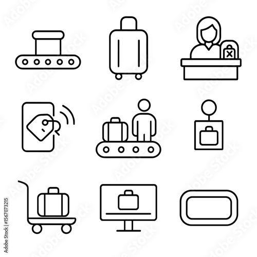 Baggage Claim Icons. Outline icon set of baggage reclaim: carousel belt, suitcase, lost luggage counter, tag scanner, passenger