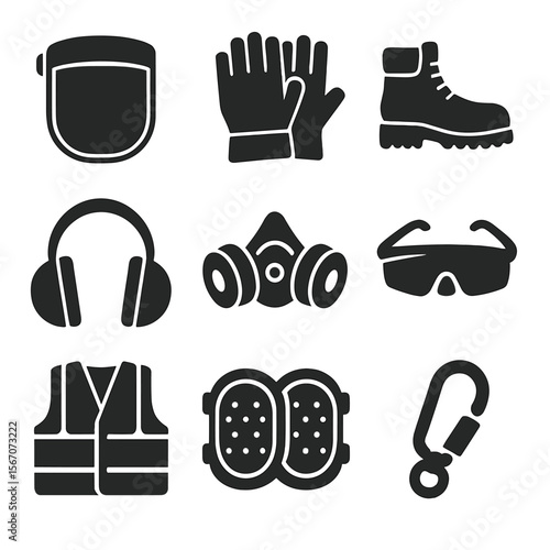 Safety Equipment Icons. Solid, filled icons set of power tool safety equipment: face shield, reinforced gloves