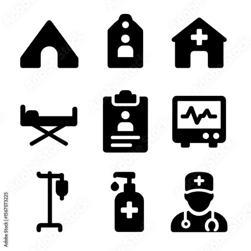Field Hospital Icons. Solid, filled icon set of field hospital and triage: tent icon, triage tag, medic station, mobile bed,