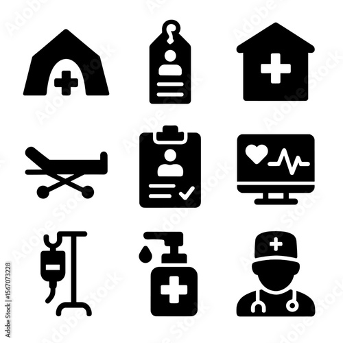 Field Hospital Icons. Solid, filled icon set of field hospital and triage: tent icon, triage tag, medic station, mobile bed,