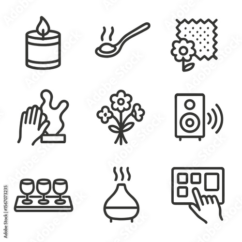Sensory Exploration Icons. Outline icon set of sensory exploration experiences: scented candle jar, tasting spoon with sample,
