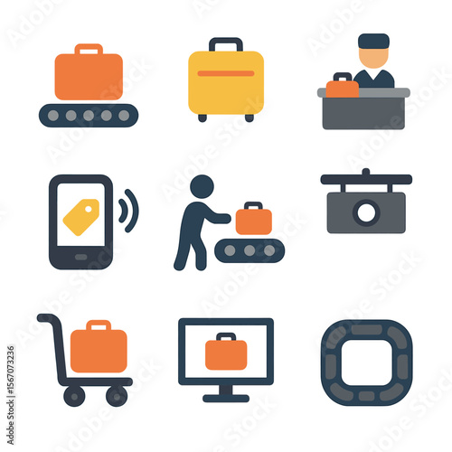 Baggage Claim Icons. Flat icon set of baggage reclaim: carousel belt, suitcase, lost luggage counter, tag scanner, passenger