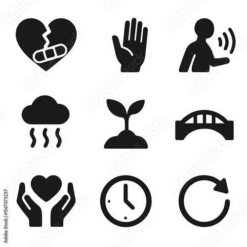 Healing Symbol Icons. Solid, filled icons set of self-forgiveness and healing symbols: broken heart mending,